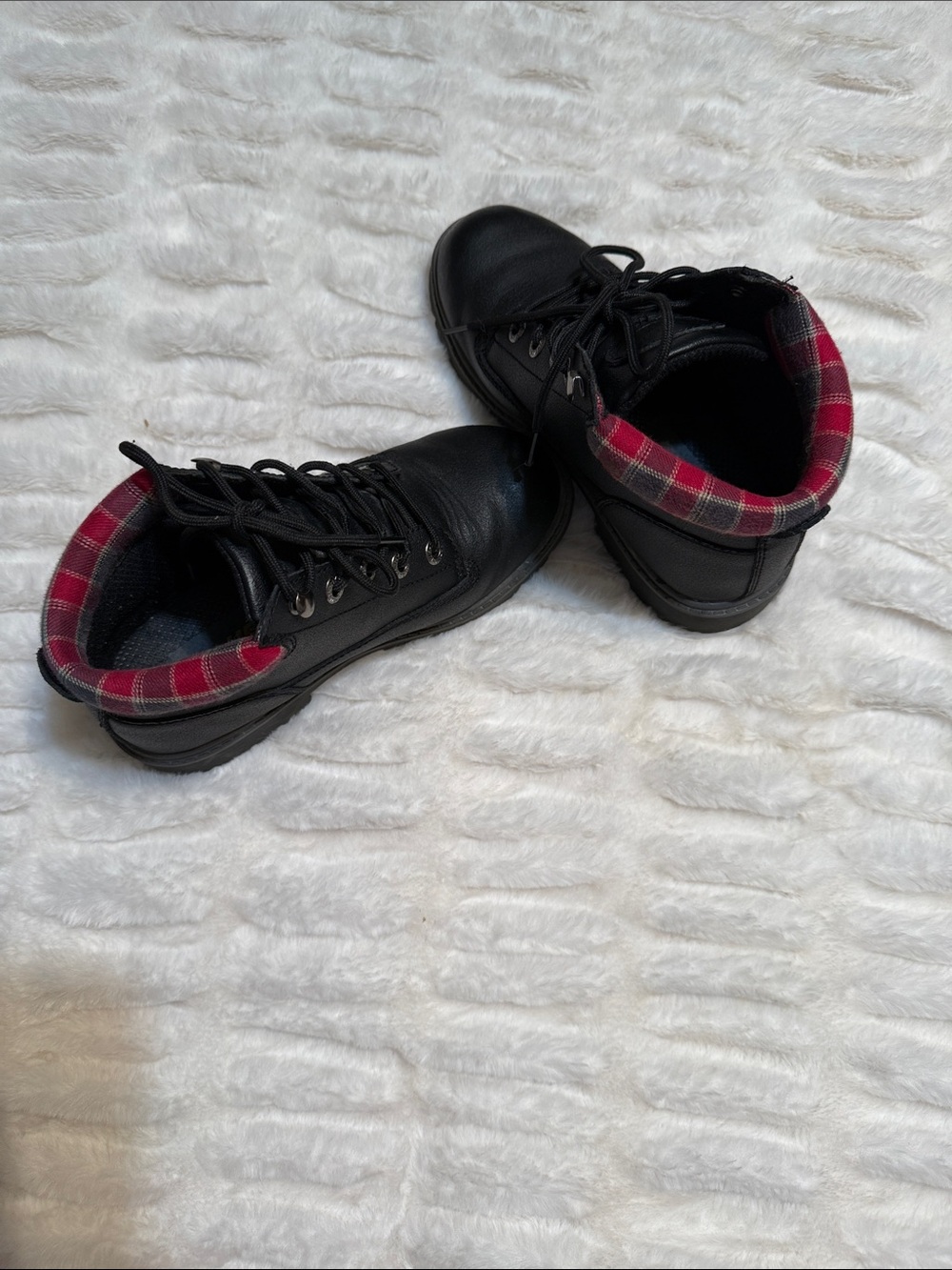 Ladies Black Lace-Up Ankle Boots with Red Plaid Collar - Picture 4 of 5